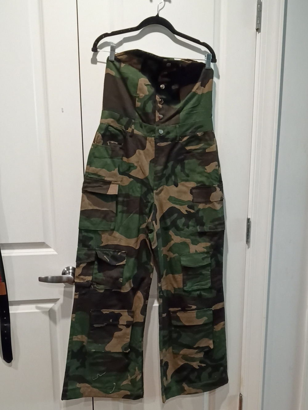 Strapless Wide-Leg Cargo Jumpsuit in Green Camo